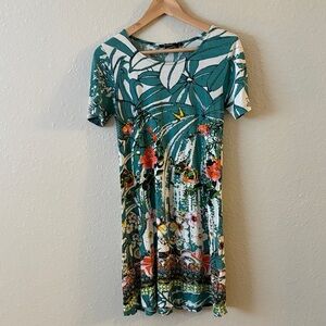 Desigual Tropical Print Mini Dress - Green and White Size M Sequined Bird Print